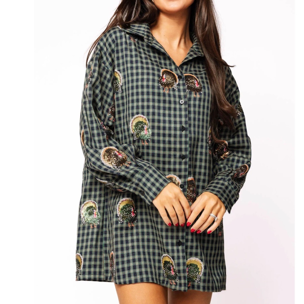 NWOT Queen of Sparkles QOS Navy Plaid Scattered Thanksgiving Turkey Dress